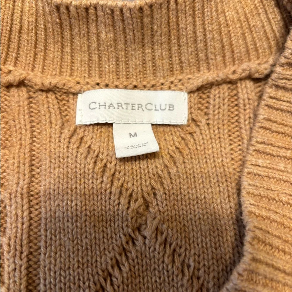 Charter Club Cable Knit Sweater Vest Medium Camel Button Front Pockets Vintage